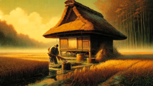 DALL·E 2024 04 21 21.34.40 A scene depicting a 16 9 Ukiyo e style painting inspired by the traditional Japanese poem. The setting is an autumn rice field with a rustic hut made