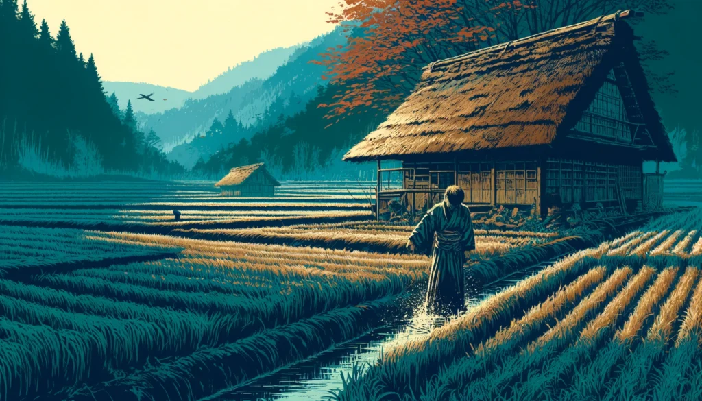 百人一首001番:秋の田の かりほの庵の 苫をあらみ わが衣手は 露にぬれつつ 3 DALL·E 2024 04 21 21.36.19 A 16 9 illustrative style image inspired by the Japanese poem. The scene depicts an autumn rice field with a rustic thatched hut the thatch appearing